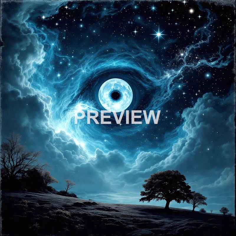 The image depicts a surreal night sky scene with a large moon at the center, surrounded by swirling blue clouds, bright stars, and cosmic nebulae, all above a dark, silhouetted landscape with a few trees.